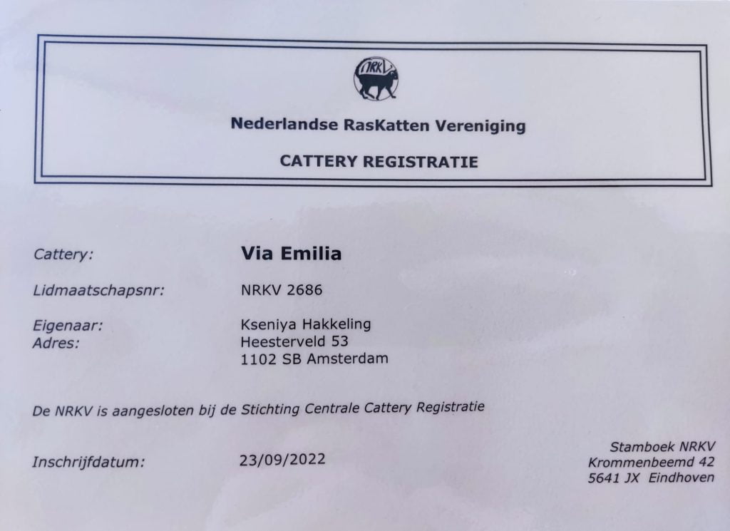 Cattery registration for the Via Emilia breeder